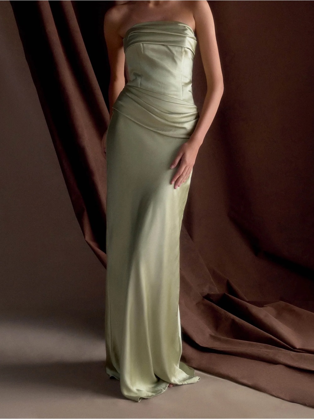 Meshki Strapless Satin Gown in Pale Green